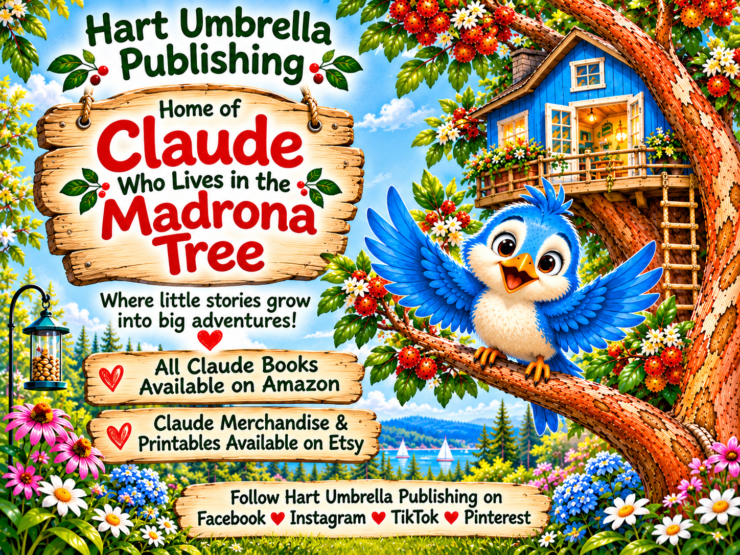 Hart Umbrella Publishing: Home of Claude Who Lives in the Madrona Tree. Claude books available on Amazon; Claude merchandise and printables available on Etsy. Follow on Facebook, Instagram, TikTok, and Pinterest.